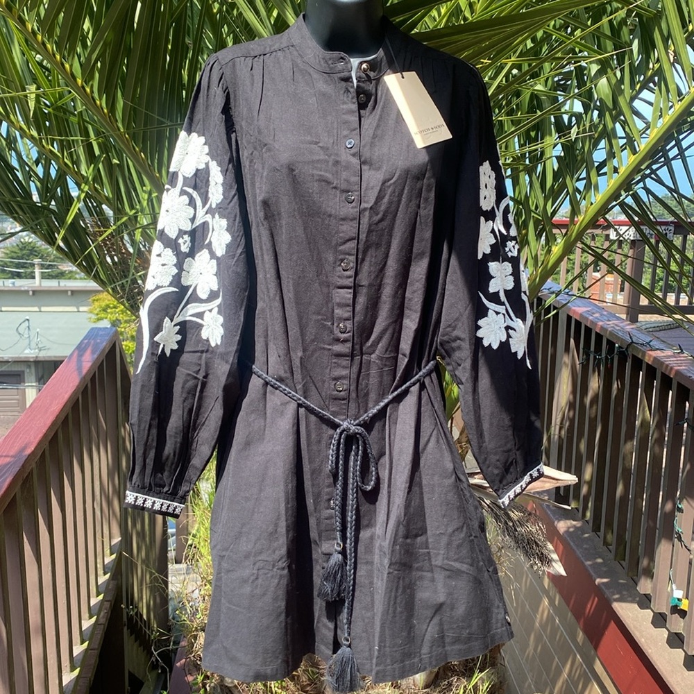 Scotch & Soda NWT Long Sleeve, Button Down Embroidered Cotton Linen Blend Dress